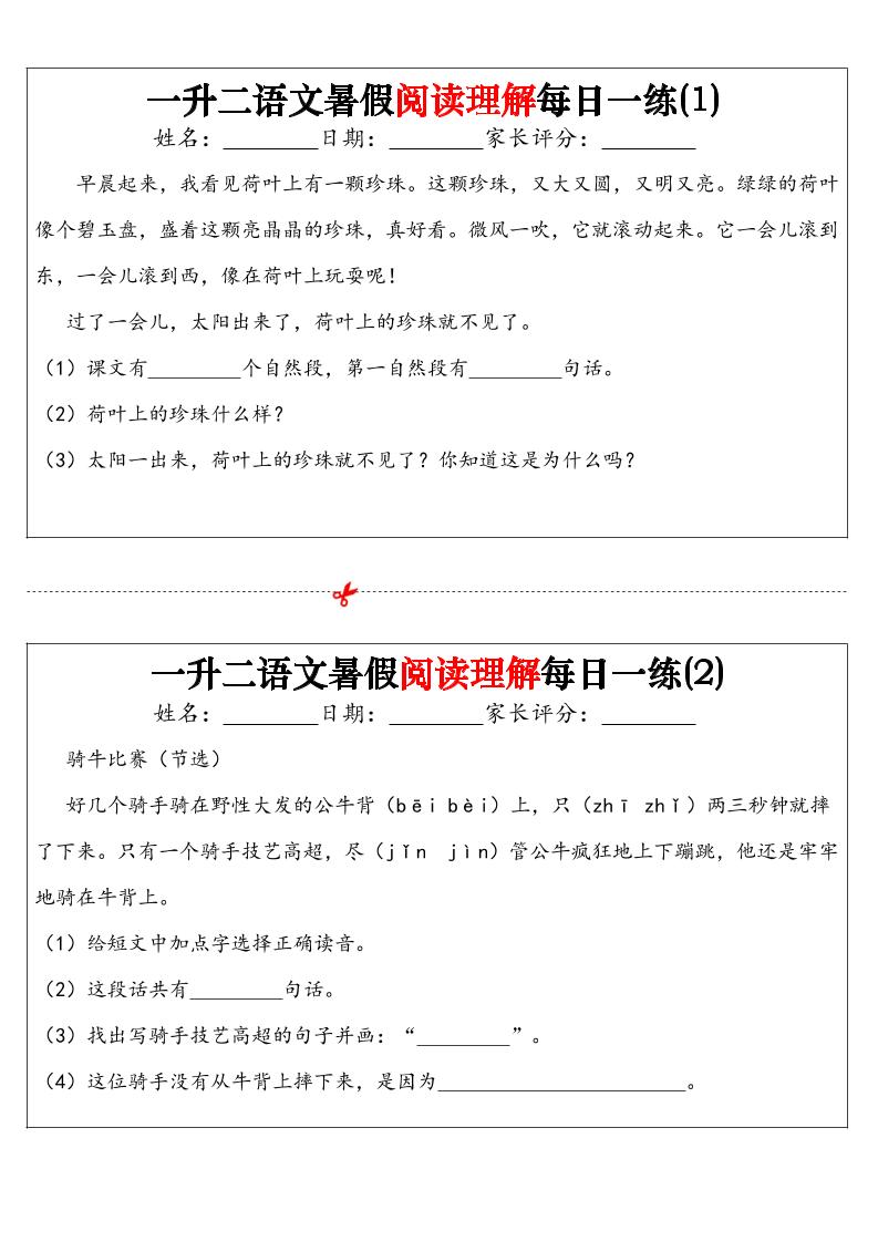 一升二语文暑假阅读理解每日一练32天（16页）-二上语文-网创教程