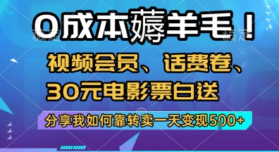 0成本薅羊毛!视频会员、话费卷、30元电影票白送，分享我如何靠转卖一天变现5张+【揭秘】-网创教程