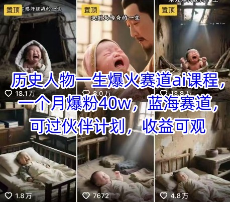 历史人物一生爆火赛道ai课程，一个月爆粉40w，蓝海赛道，可过伙伴计划，收益可观-网创教程