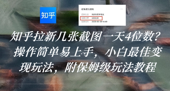 知乎拉新几张截图一天4位数？操作简单易上手，小白最佳变现玩法，附保姆级玩法教程-网创教程