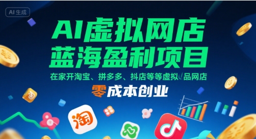 AI虚拟网店蓝海盈利项目，在家开淘宝、拼多多、抖店等虚拟品网店，零成本创业-网创教程