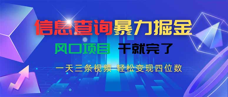 信息查询暴力掘金，一天三条视频 轻松变现四位数，风口项目干就完了-网创教程