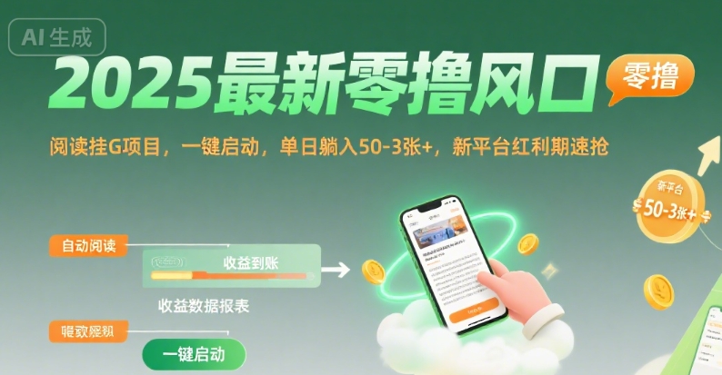 2025最新零撸风口，阅读挂G项目，一键启动，单日躺入 50-3张+，新平台红利期速抢【揭秘】-网创教程