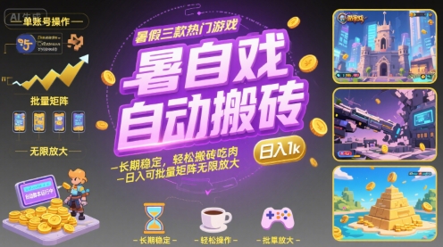 暑假三款热门游戏自动搬砖，长期稳定，轻松搬砖吃肉，日入1k ，可批量矩阵无限放大【揭秘】-网创教程