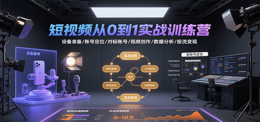 短视频从0到1实战训练营：设备准备/账号定位/对标账号/视频创作/数据分析/投流变现-网创教程