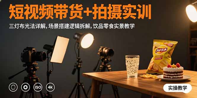 短视频带货+拍摄实训：三灯布光法详解,场景搭建逻辑拆解,饮品零食实景教学-网创教程