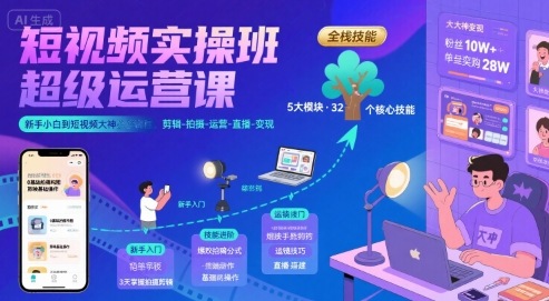 短视频实操班超级运营课，新手小白到短视频大神必修课程，剪辑-拍摄-运营-直播-变现-网创教程