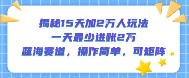 揭秘15天加2W人玩法，一天最少2万进账，蓝海赛道，操作简单，可矩阵-网创教程