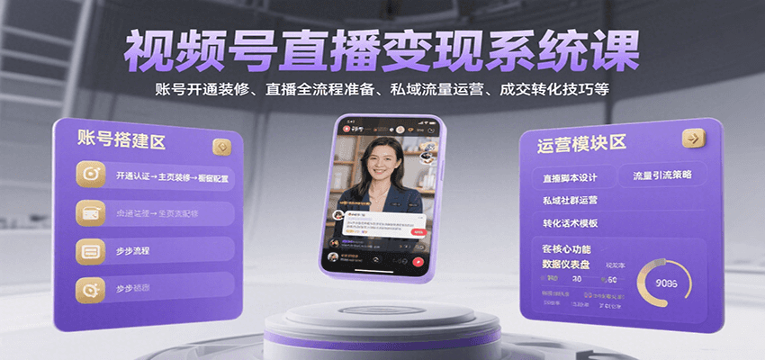 视频号直播变现系统课，账号开通装修、直播全流程准备、私域流量运营、成交转化技巧等-网创教程