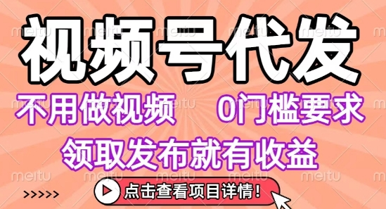 视频号代发，不用剪辑不用做视频，0门槛要求，领取发布就有收益，任务没有无上限，小白轻松上手【揭秘】-网创教程