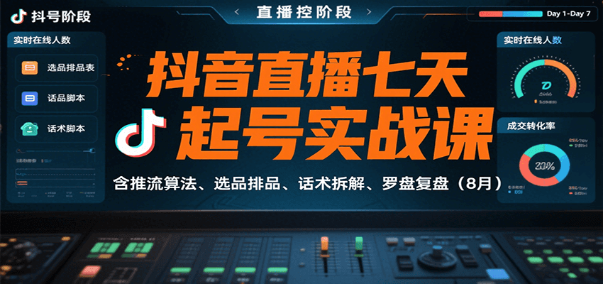 抖音直播七天起号实战课：含推流算法、选品排品、话术拆解、罗盘复盘(8月)-网创教程