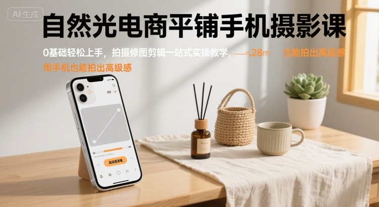 自然光电商平铺手机摄影课，0基础轻松上手，拍摄修图剪辑一站式实操教学，用手机也能拍出高级感-网创教程