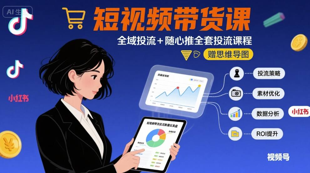 最新短视频带货课，全域投流+随心推全套投流课程+思维导图-网创教程