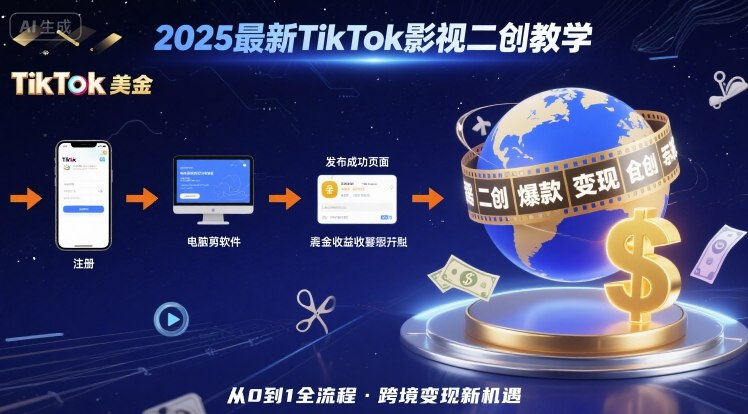 2025年最新TikTok影视二创教学，从注册到发布撸美金全流程，跨境变现新机遇-网创教程
