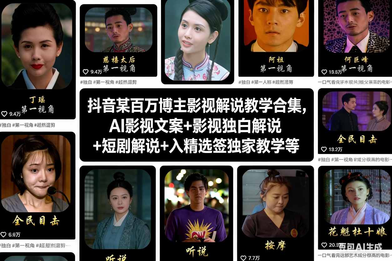 抖音某百万博主影视解说教学合集，AI影视文案+影视独白解说+短剧解说+入精选签独家教学等-网创教程