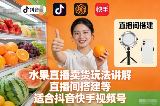 水果直播卖货玩法讲解、直播间搭建等，适合抖音快手视频号-网创教程